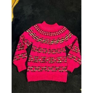 Vintage Hand Made Bolivia Wool Sweater Pink Geometric Pattern Womens XL BR Bin